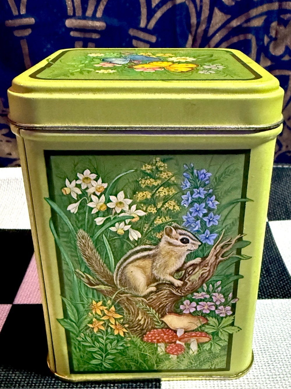 Vintage 1980s Botanical Cottage Core Metal Tin Flowers Butterflies Mushrooms